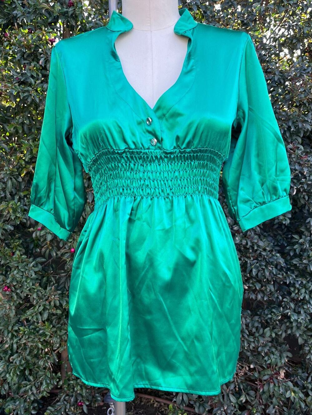 Vintage Green Satin Shiny V-Neck Peasant Top Mini Dress USA Made Medium 90s